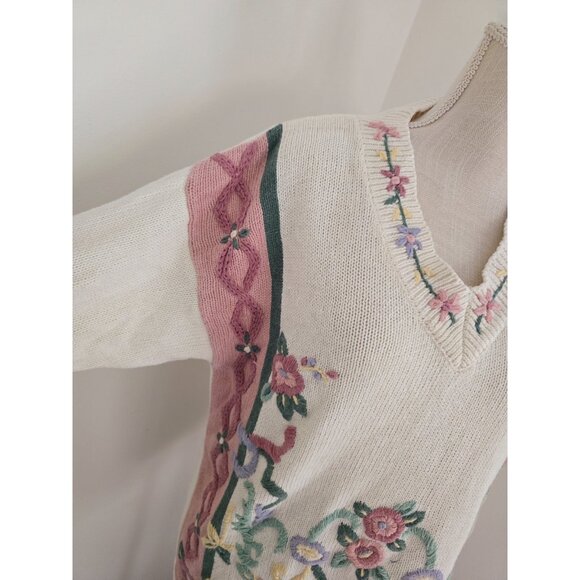Russ Studio Floral Knit Cotton Cottagecore V-Neck Vintage 80s 90s Sweater M - Picture 10 of 11